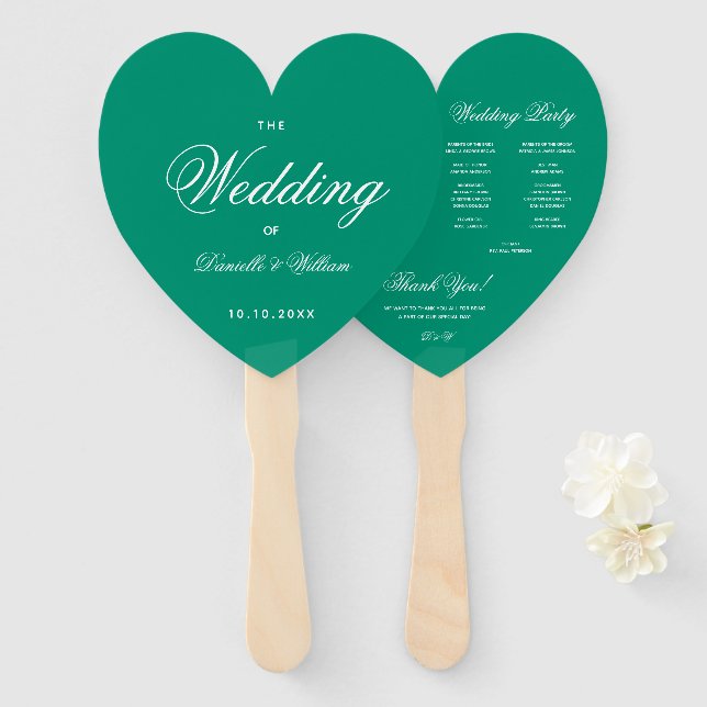 Leque Emerald Green Heart Elegant Script Wedding Program (Frente e Verso)