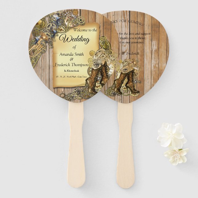 Leque Esculturas Steampunk Douradas e latas na madeira (Frente e Verso)