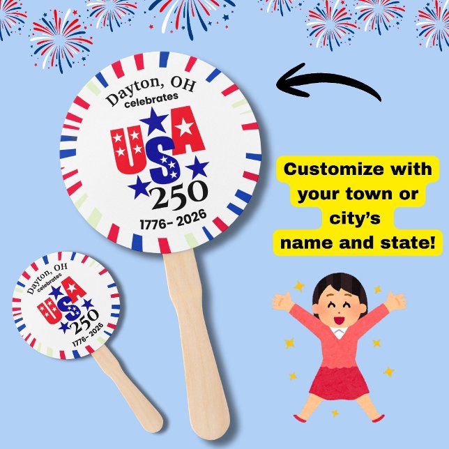 Leque EUA 250 Personalizado Cidade Estado Patriótico Ver (Celebrate USA's 250th birthday on July 4th with these patriotic custom town/state name hand fans!)