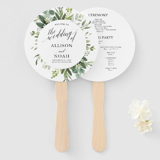 Leque Eucalyptus greenery simples programa de casamento  (Frente e Verso)