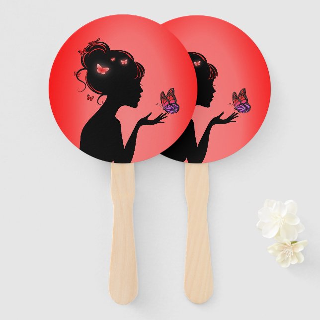 Leque Éventail La femme papillons rouges (Frente e Verso)