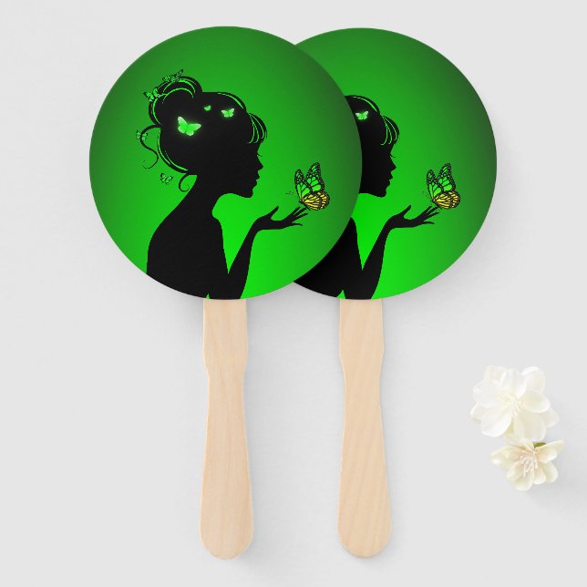 Leque Éventail La femme papillons verts (Frente e Verso)