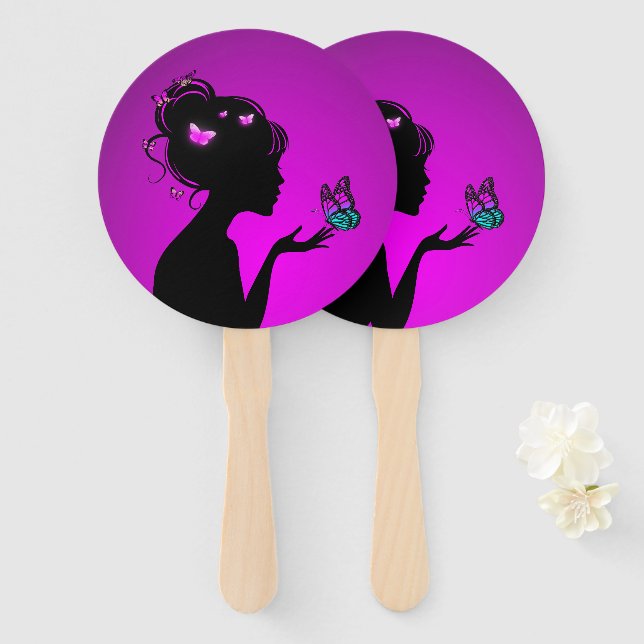 Leque Éventail La femme papillons violets (Frente e Verso)