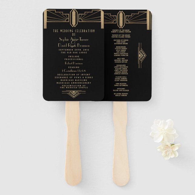 Leque Excelente Gatsby Art Deco Wedding Program de Glam  (Frente e Verso)