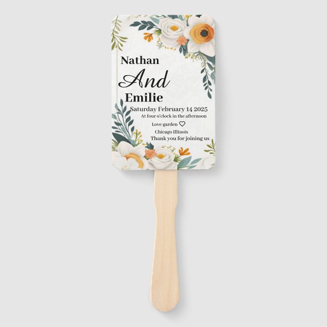 Leque Fã de casamento de flores brancas e amarelas (Frente)