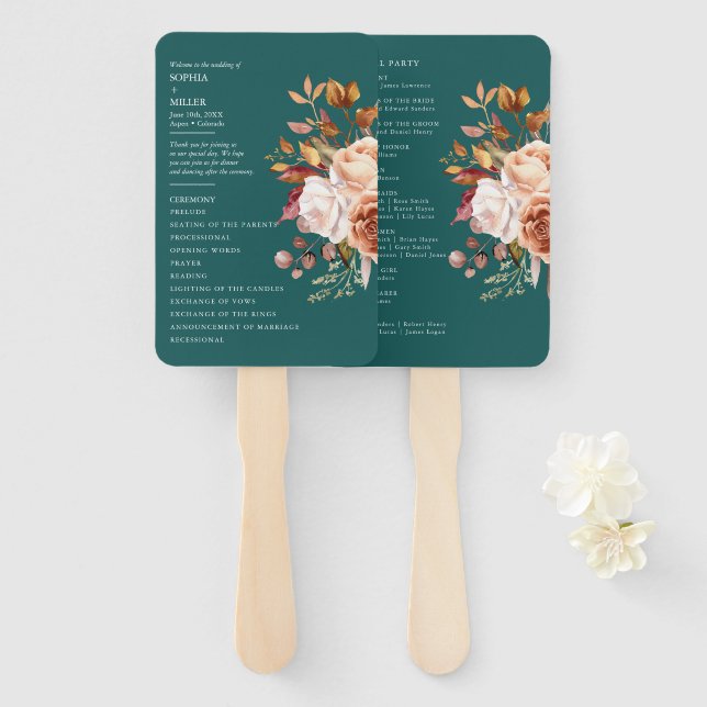 Leque Fall Teal Watercolor Terracotta Floral wedding (Frente e Verso)