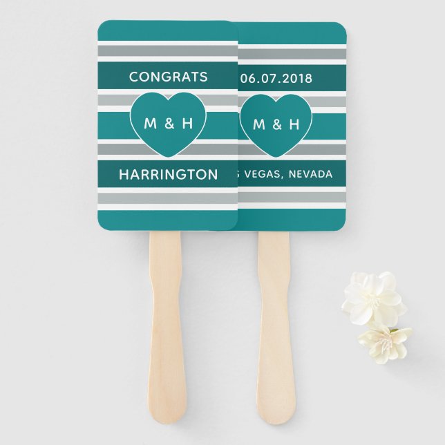 Leque Fãs de mão de texto personalizado stripes & Heart (Frente e Verso)