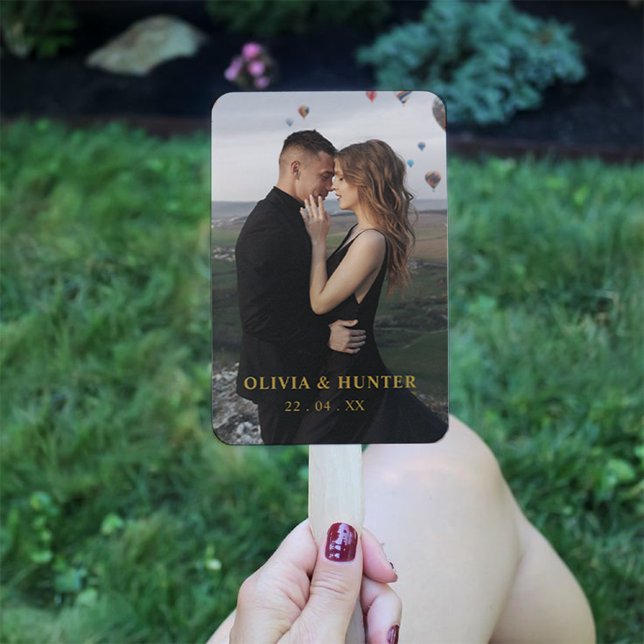 Leque Fãs do Programa de Casamento Dourado e Preto Moder (Modern Black, Gold Wedding Program Fans with Photo)