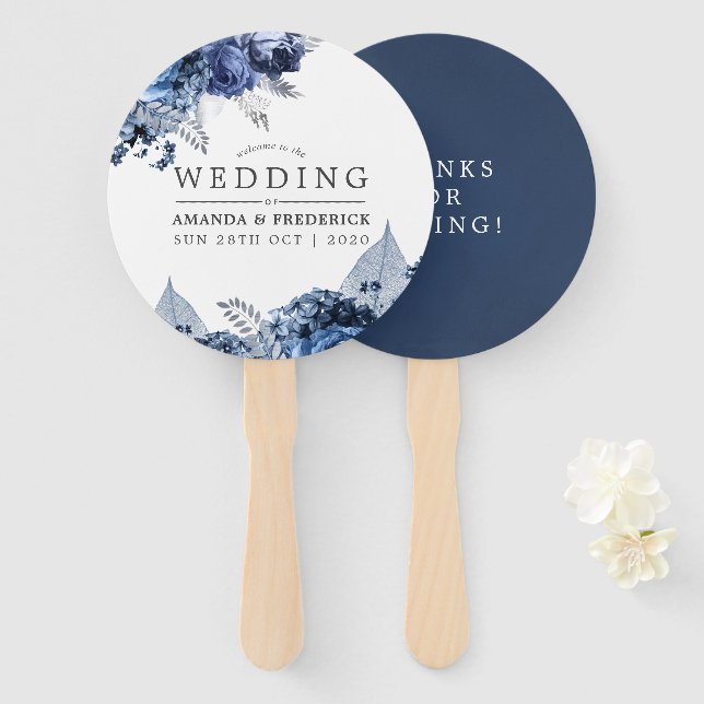 Leque Favor de casamento azul-marinho e branco com folha (Frente e Verso)