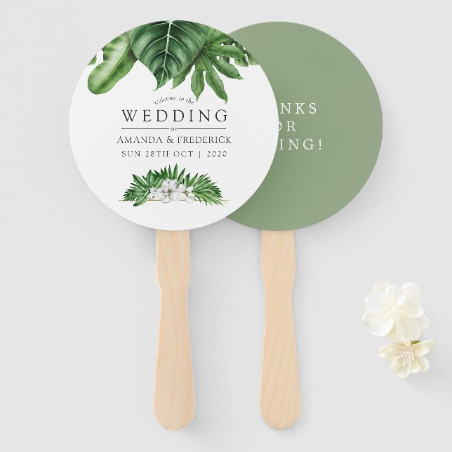 Leque Favor de casamento com folhagem tropical (Frente e Verso)