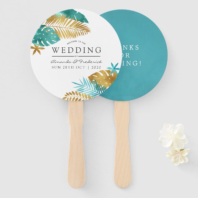 Leque Favor de casamento tropical em turquesa e dourado (Frente e Verso)