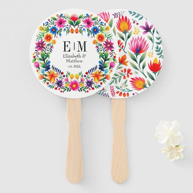 Leque Favor de casamento Vibrante Floral Fiesta em Aquar (Frente e Verso)