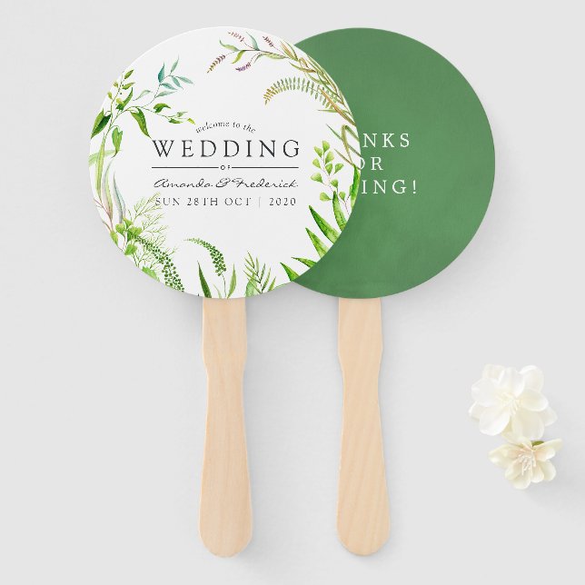 Leque Favor do Casamento Greenery Forest Watercolor (Frente e Verso)