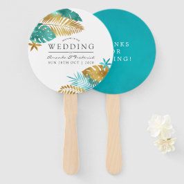 Leque Favor do Casamento Tropical Teal e Dourada