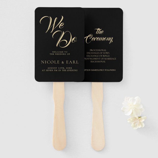 Leque Fazemos Casamento Dourado com Arte Elegante Negra (Frente e Verso)