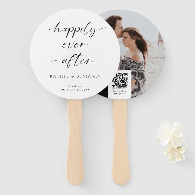 Leque Felicidade Eterna Casamento Minimal Código QR Foto (Frente e Verso)