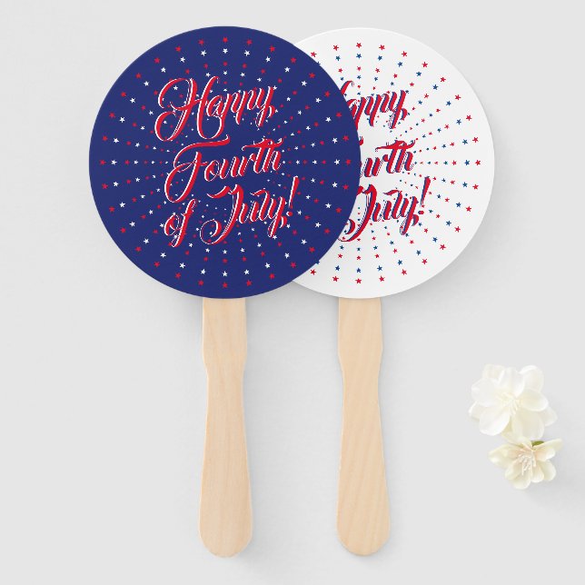 Leque Feliz 4 de julho marinho vermelho estrelas azuis d (Frente e Verso)