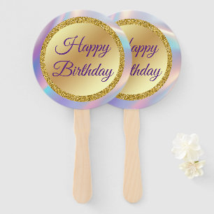 Leque feliz aniversário, na moda holográfico roxo dourad