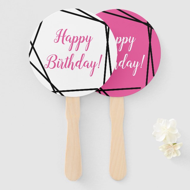 Leque Feliz Aniversário Ventoinha Geométrica Rosa Funky (Frente e Verso)