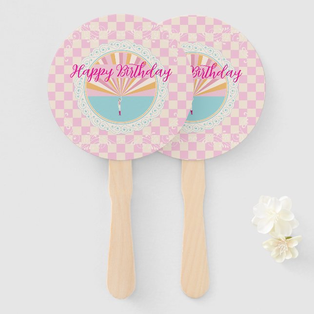 Leque Feliz Aniversário Xadrez Gingham Rosa Divertido (Frente e Verso)