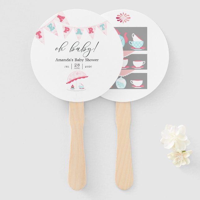 Leque Festa de Chá de Baby Shower Shabby-Chic Menina (Frente e Verso)