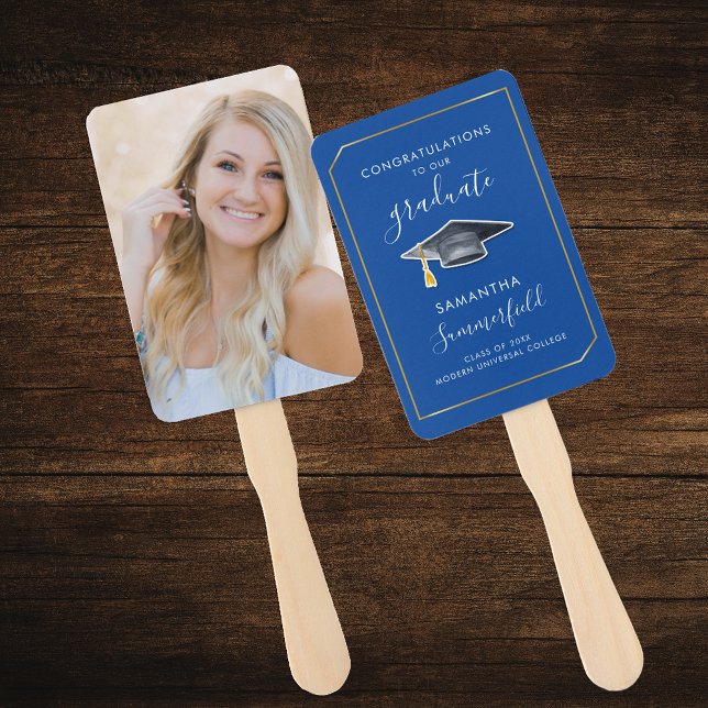 Leque Festa de Formatura Graduado 2026 Script Foto Azul (Graduate 2025 Photo Script Blue Graduation Party Hand Fan)