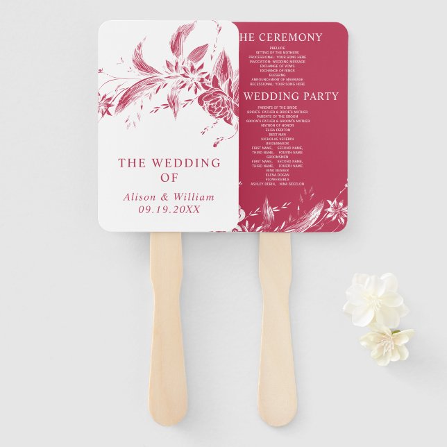 Leque Filial com viva magenta Flores programa de casamen (Frente e Verso)