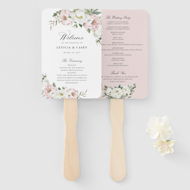 Leque Floral Blush White Peony Elegant Wedment Program (Frente e Verso)