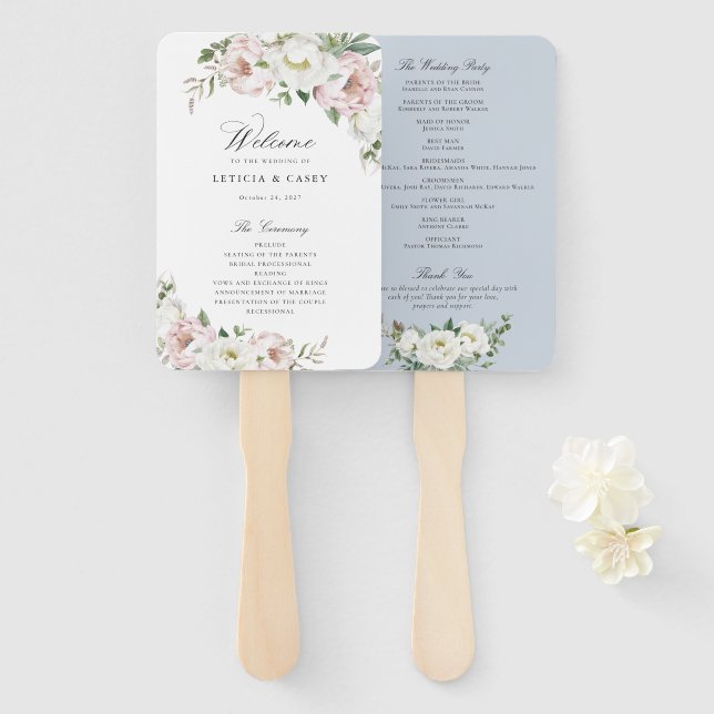 Leque Floral Blush White Peony Elegant Wedment Program (Frente e Verso)