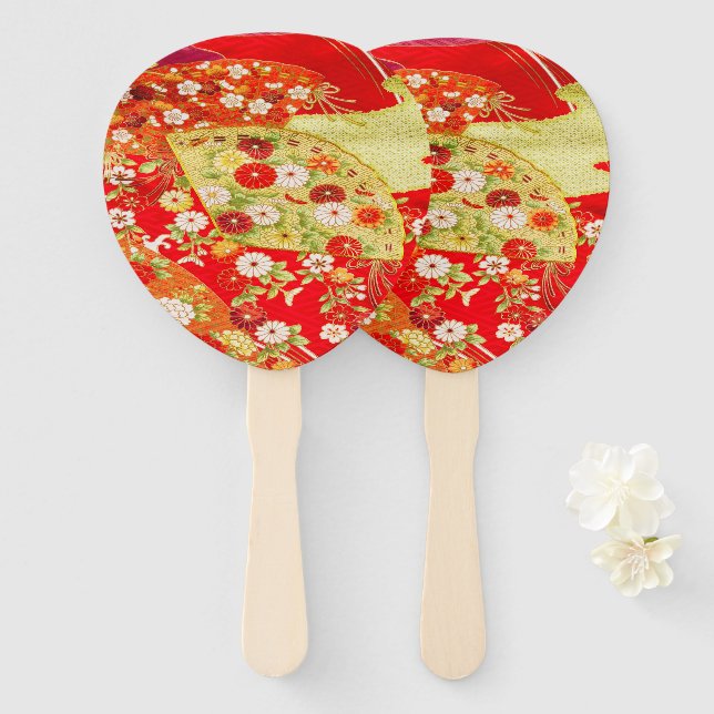 Leque Floral de Cereja Japonesa Flor Dourado Vermelho (Frente e Verso)