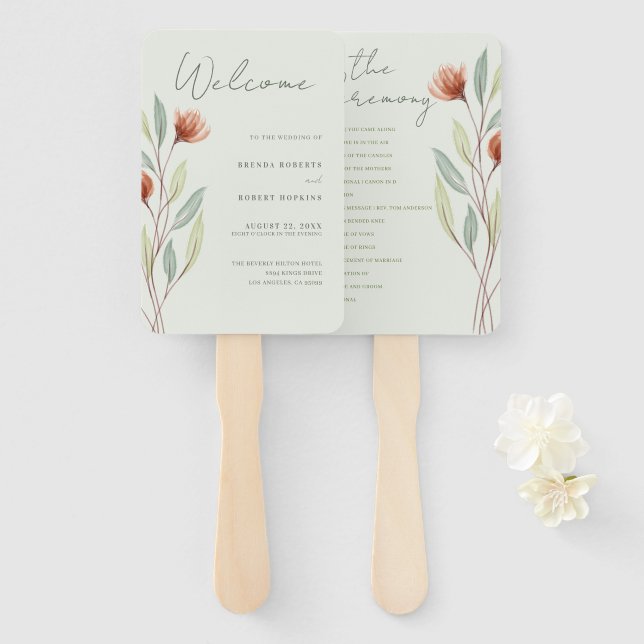 Leque Flores de Aquarela Pastel Verde (Frente e Verso)