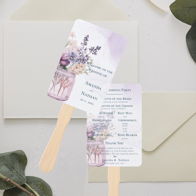 Leque Flores No Programa De Casamento Floral De Mason Ja (Flowers In Mason Jar Chic Floral Wedding Program Hand Fan)