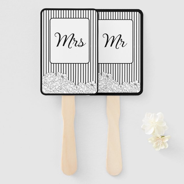 Leque Flores Pretas e Brancas com Stripes (Frente e Verso)