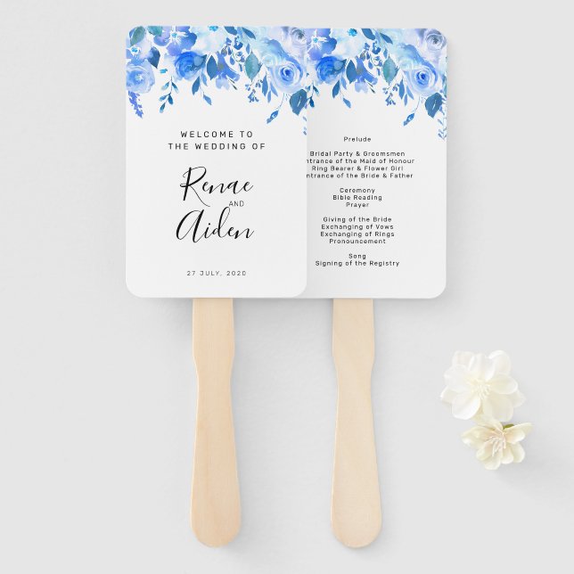 Leque Folha de mão do programa de casamento floral azul, (Frente e Verso)