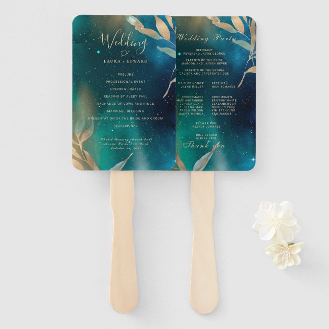 Leque Folha de ouro do céu da galáxia verde-esmeralda (Frente e Verso)