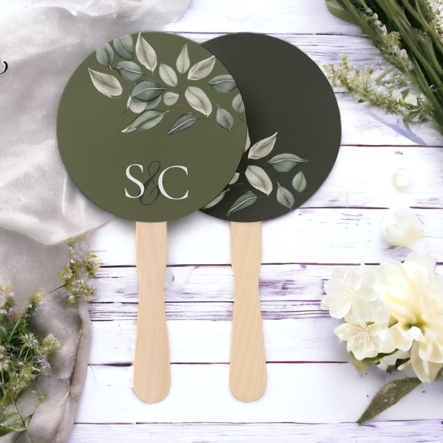 Leque Folhagem De Casamento Elegante Monograma Verde Mud (Elegant Wedding Foliage Muted Green Monogrammed Hand Fans from Ricaso)