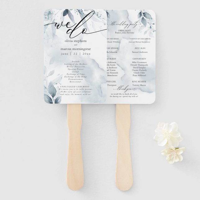 Leque Folhas em Azul Poeira Aquarela Dawna2 (Frente e Verso)