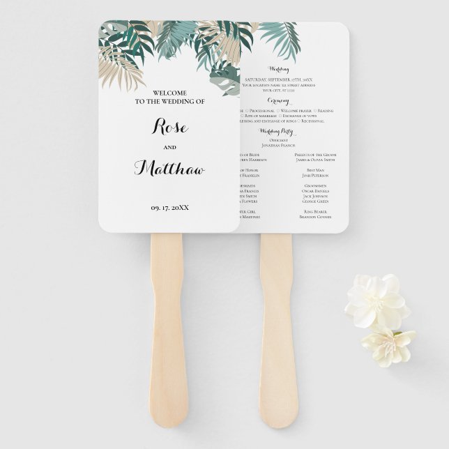 Leque Folhas tropicais, fã de mão (Frente e Verso)