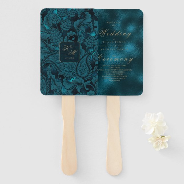 Leque Formal Paisley Wedding Dark Teal ID767 (Frente e Verso)