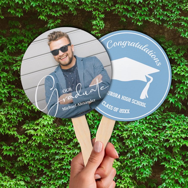 Leque Formando Boné  Formando Moderno Pó Azul (Keep cool on graduation day or at your party with these photo double-sided hand fans.)