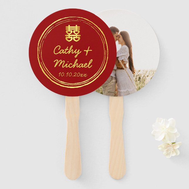Leque Foto do Casal vermelho Felicidade dupla do casamen (Frente e Verso)
