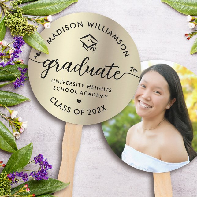 Leque Foto Folha de Ouro Graduação Preto Letras Corações (Criador carregado)