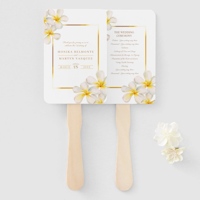 Leque Frangipani, programa de casamento tropical amarelo (Frente e Verso)