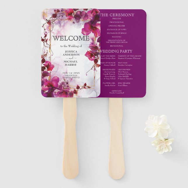 Leque Fuchsia Enchantment: Programa Casamento por Aquare (Frente e Verso)