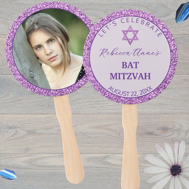 Leque Gam Purple Trendy Girl Foto Bat Mitzvah (Just add your photo and custom text to these reversible Bat Mitzvah hand fans)