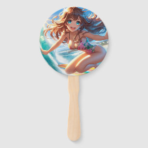 Leque Garota surfista de anime costeira/náutica/tropical