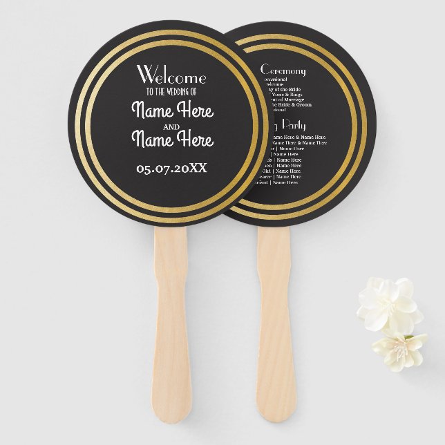 Leque Gatsby Black Art Deco Weding Program Fan (Frente e Verso)