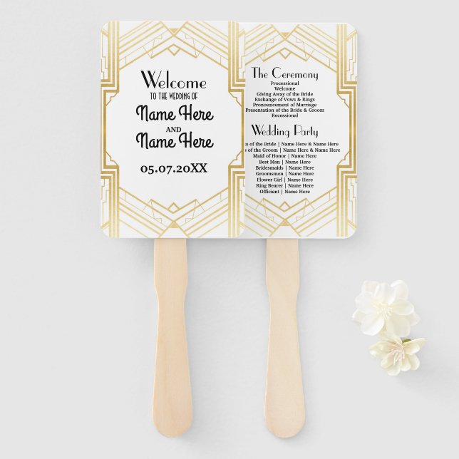 Leque Gatsby White Art Deco Weding Program Fan (Frente e Verso)