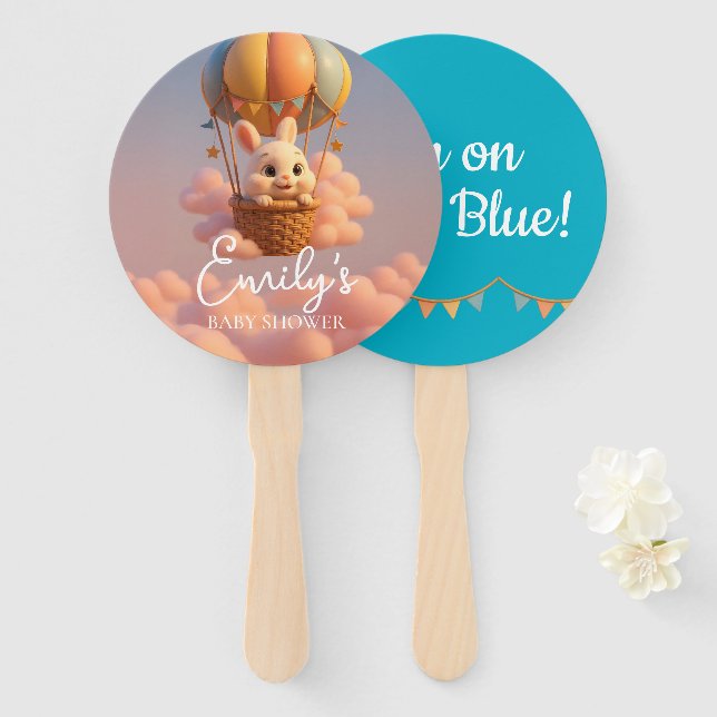 Leque Gender Reveal Hand Fan, Bunny Balloon It’s a Boy (Frente e Verso)