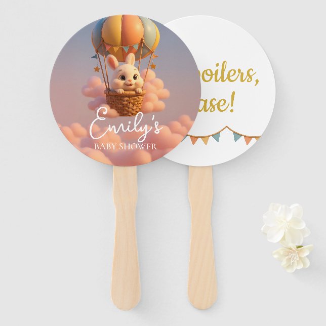 Leque Gender Reveal Hand Fan, Bunny Balloon Neutral Team (Frente e Verso)